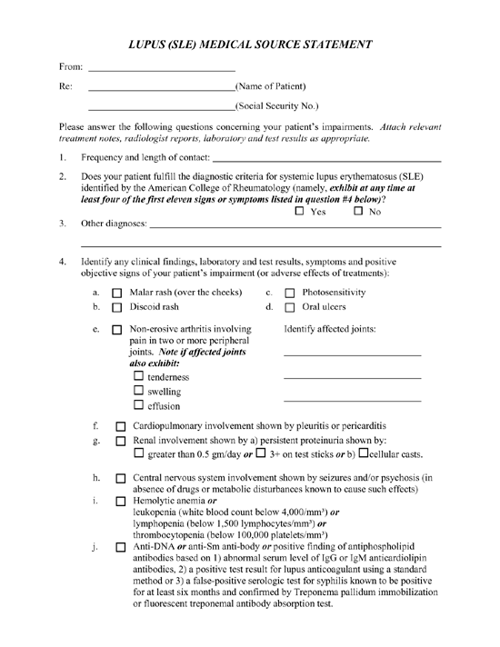 Lupus (SLE) Medical Source Statement Lupus (SLE) Medical Source Statement
