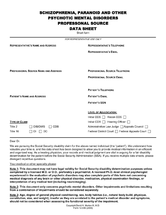 Schizophrenia / Mental Disorder Professional Source Data Sheet Schizophrenia / Mental Disorder Professional Source Data Sheet